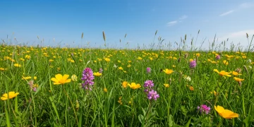 Vibrant spring meadow with wildflowers and clear sky, representing seasonal allergies.