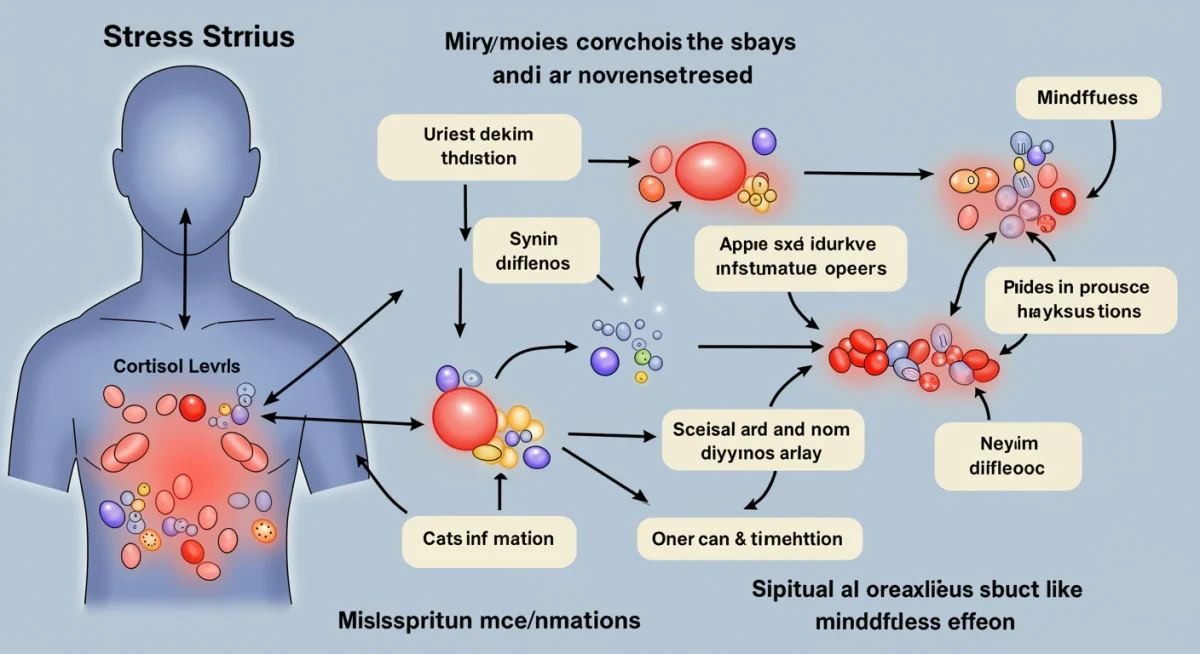 Diagram illustrating stress reduction mechanisms through spiritual practices, showing decreased physiological markers.