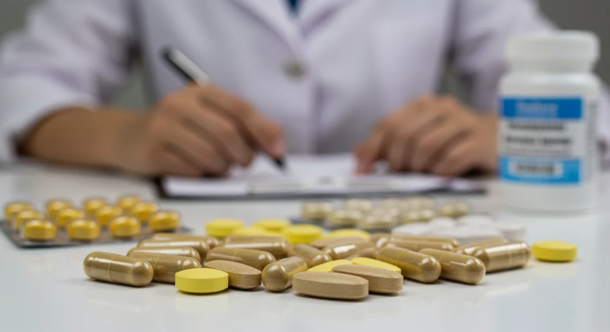 Assortment of dietary supplement capsules and tablets on a white surface, representing careful selection.