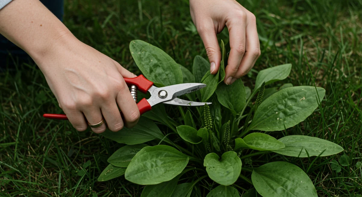 Hands carefully harvesting plantain leaves in a sustainable and ethical foraging manner.