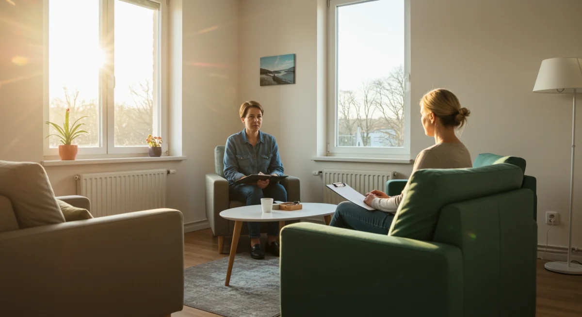 Therapist and patient discussing mental health in a bright, supportive environment