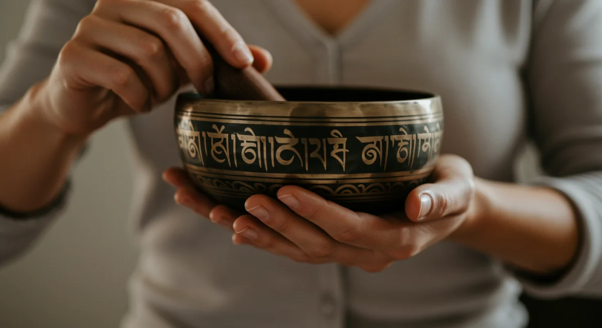 Hands holding a Tibetan singing bowl during a sound healing session, promoting spiritual alignment.