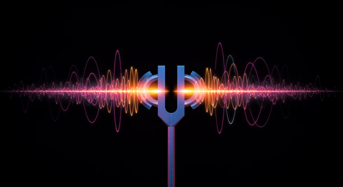 Vibrant sound wave patterns radiating from a tuning fork, demonstrating vibrational healing.