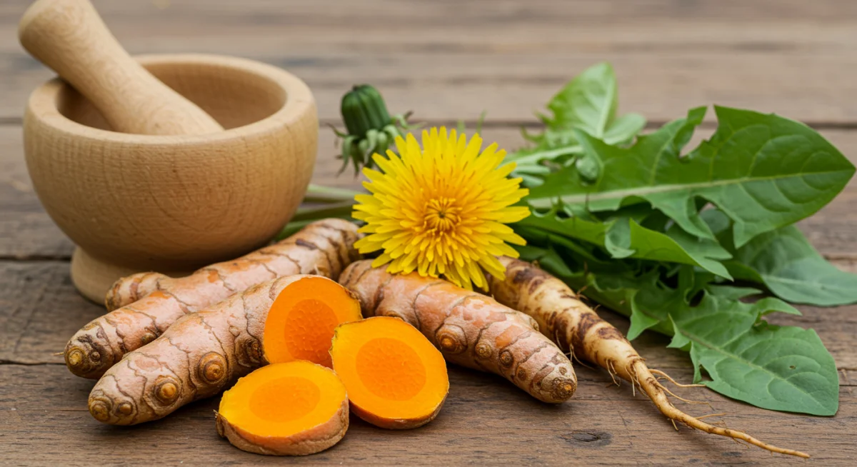 Fresh turmeric and dandelion roots with mortar and pestle
