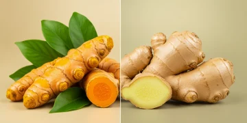 Turmeric and ginger roots side-by-side, representing natural anti-inflammatory remedies.