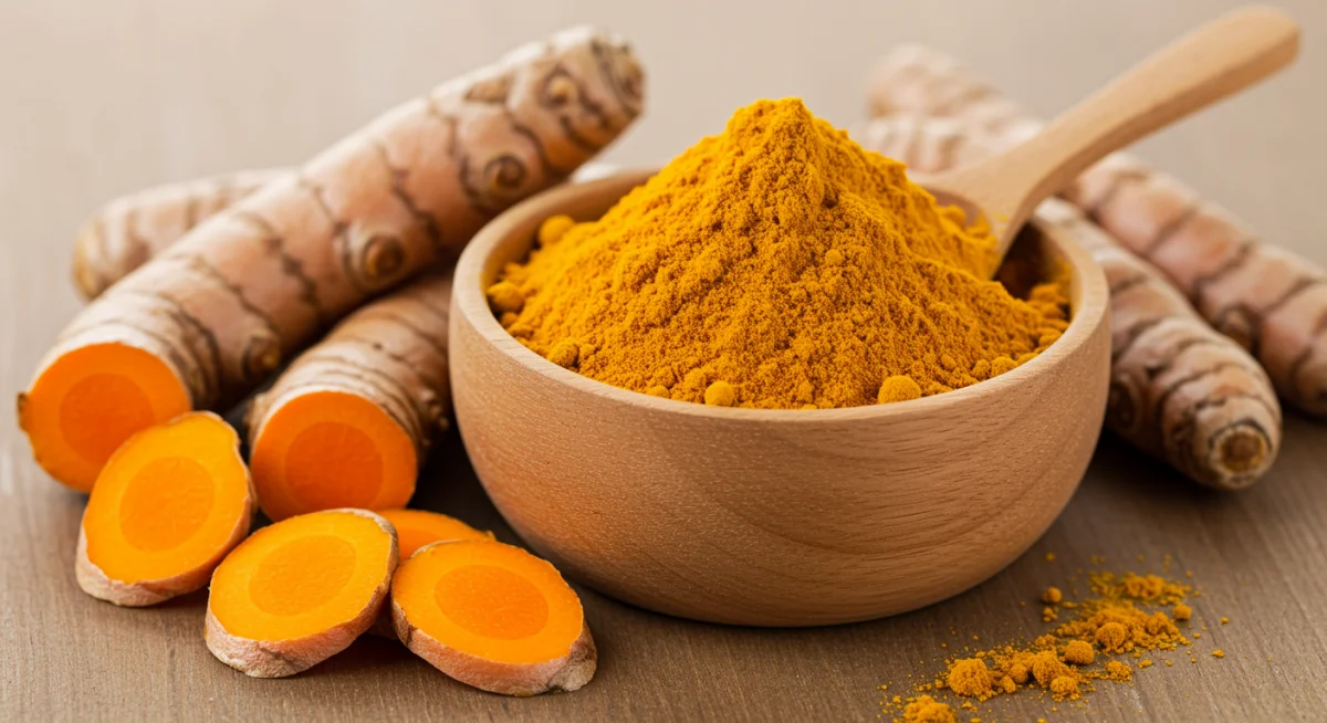 Ground turmeric powder and fresh turmeric slices, illustrating its form and use.