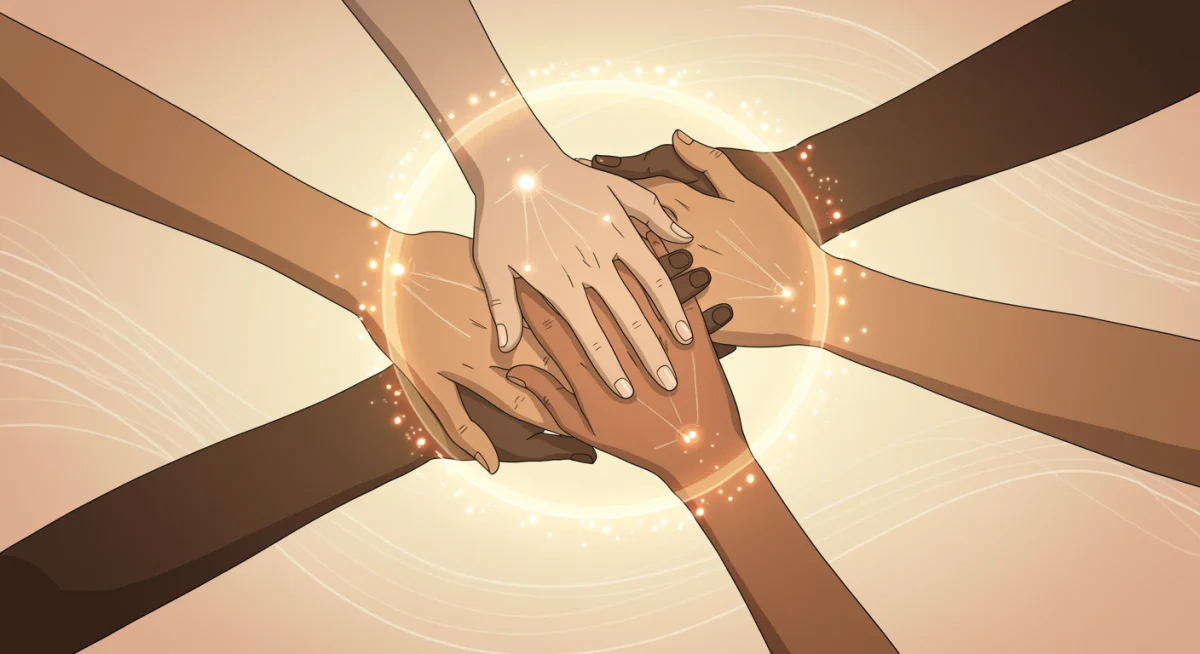 Intertwined hands glowing with light, symbolizing unity, mutual support, and the strength of spiritual and empathetic connections.