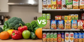 Comparison of unprocessed whole foods versus processed foods, highlighting nutrient density differences in a 2025 US context.