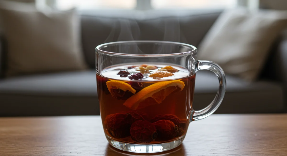 Vibrant herbal tea steeping with rose hips and hibiscus in clear mug