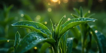Close-up of vibrant green medicinal plant leaves in a sunlit forest, highlighting natural healing.