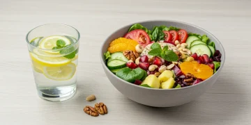 Vibrant spring salad and detox water for a healthy diet cleanse