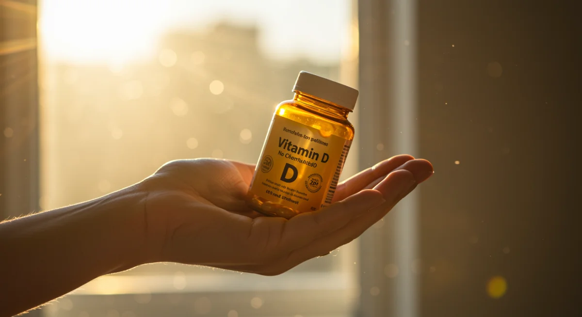 Hand holding Vitamin D supplement bottle, sunlight background