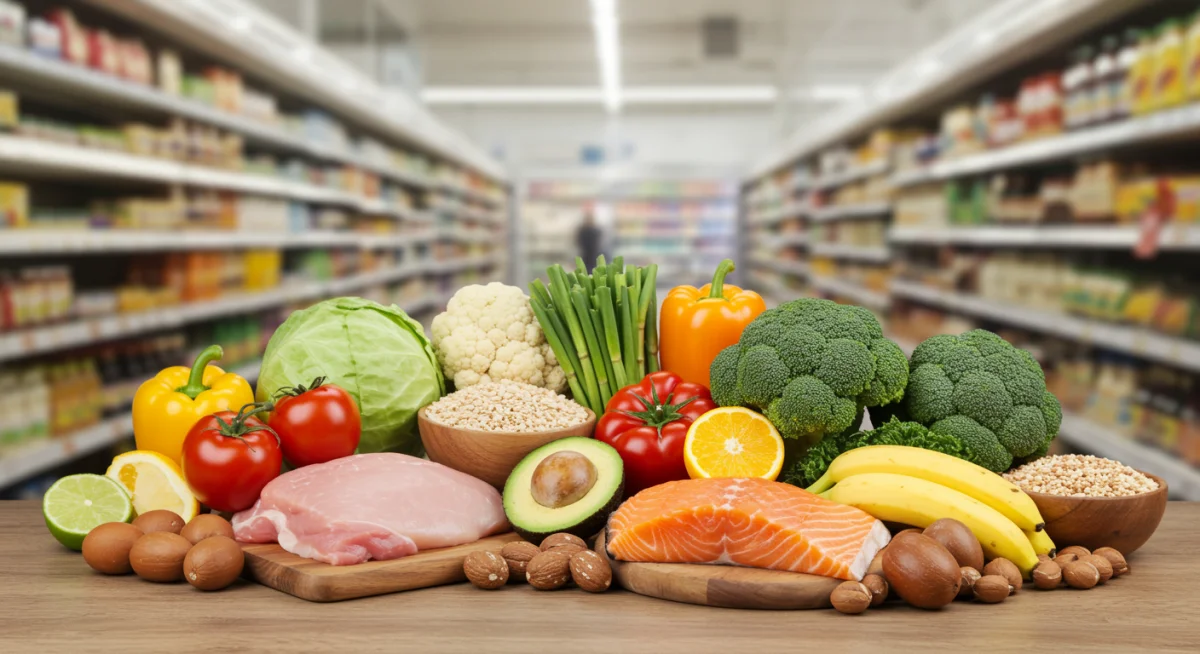 Assortment of fresh, whole foods for a healthy diet