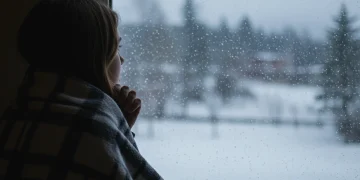 Person gazing at snowy winter landscape, contemplating winter blues symptoms