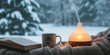 Cozy winter scene with essential oil diffuser for stress relief