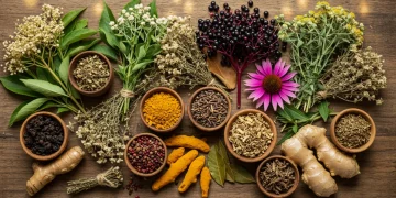 Assortment of immune-boosting herbs like elderberry, echinacea, and ginger on a wooden table.