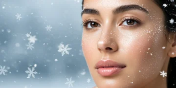 Woman with hydrated skin glowing in winter, snowflakes delicately in background.