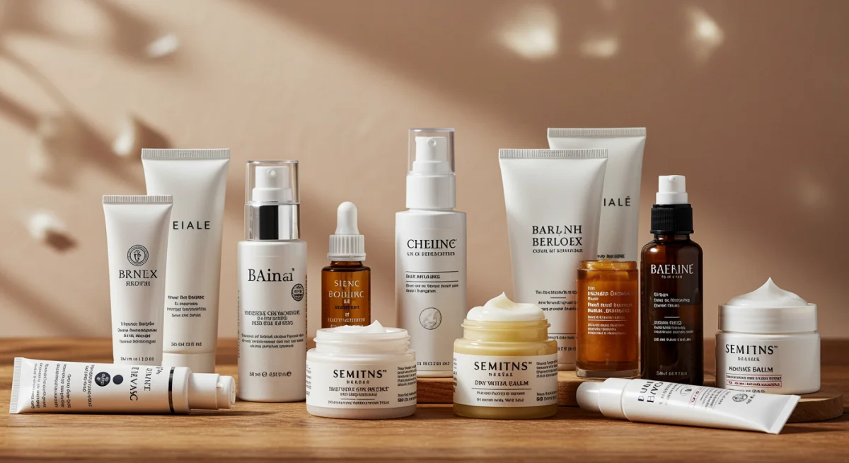 Assortment of winter skincare products for dry skin on a wooden table.