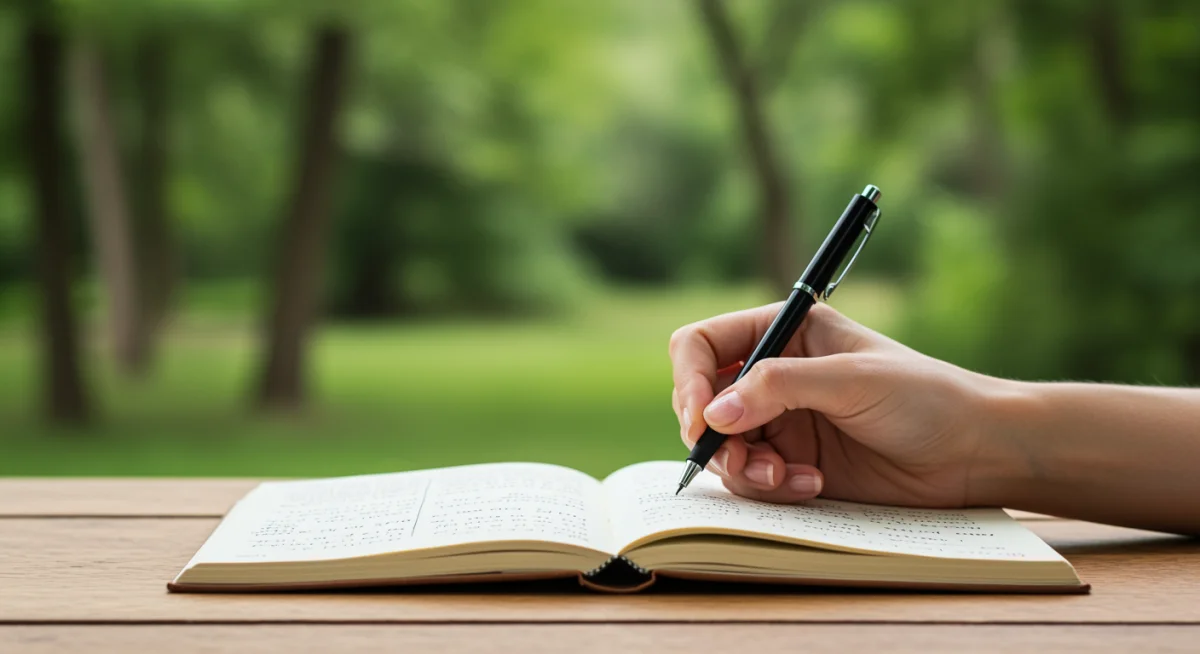 Hand writing affirmations in a journal in nature