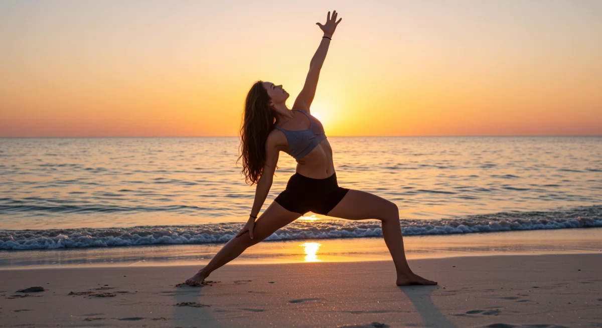 Person practicing yoga on beach at sunset, promoting mental and spiritual harmony.