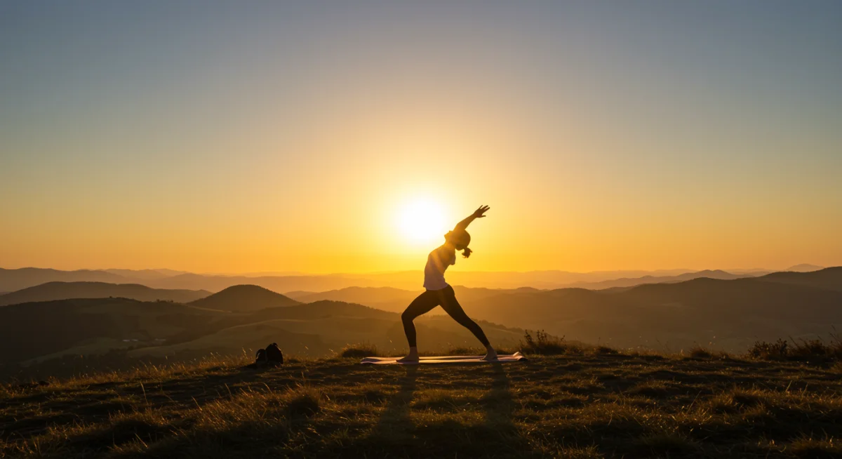 Person practicing yoga at sunrise on a mountain, symbolizing connection to nature and self.