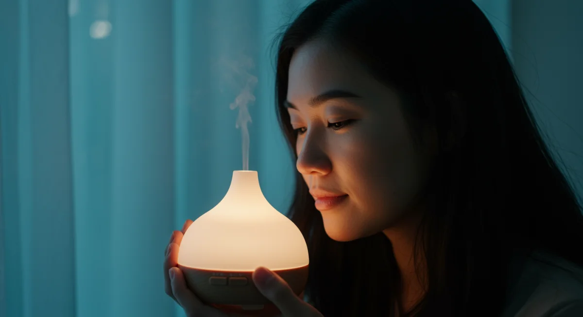 Person using an essential oil diffuser for aromatherapy and relaxation