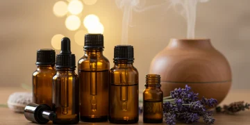 Aromatherapy essentials for stress reduction: essential oils, lavender, and diffuser.