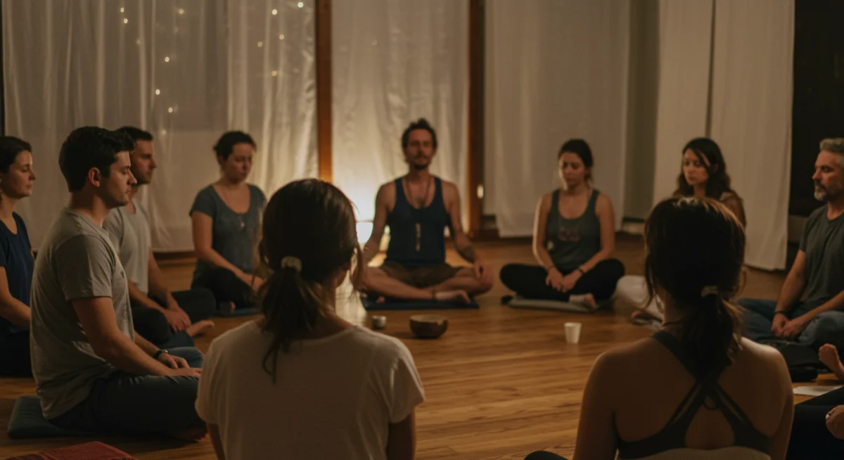 Diverse group participating in a communal resonance circle, experiencing shared spiritual energy and connection.