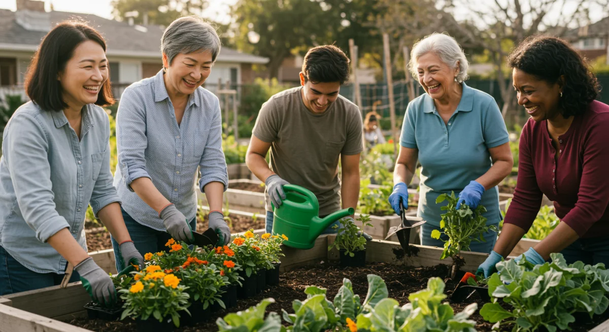 Diverse group of people sharing smiles, expressing gratitude and fostering community