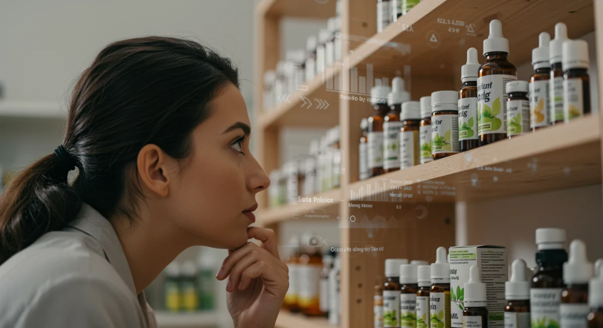 Consumer examining herbal allergy remedies, contemplating future access.