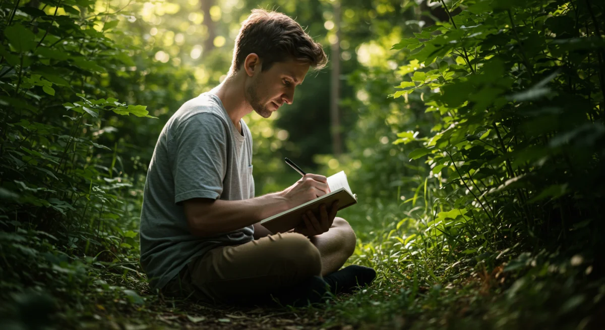 Person journaling in a tranquil natural setting, reflecting on eco-conscious introspection and personal growth.