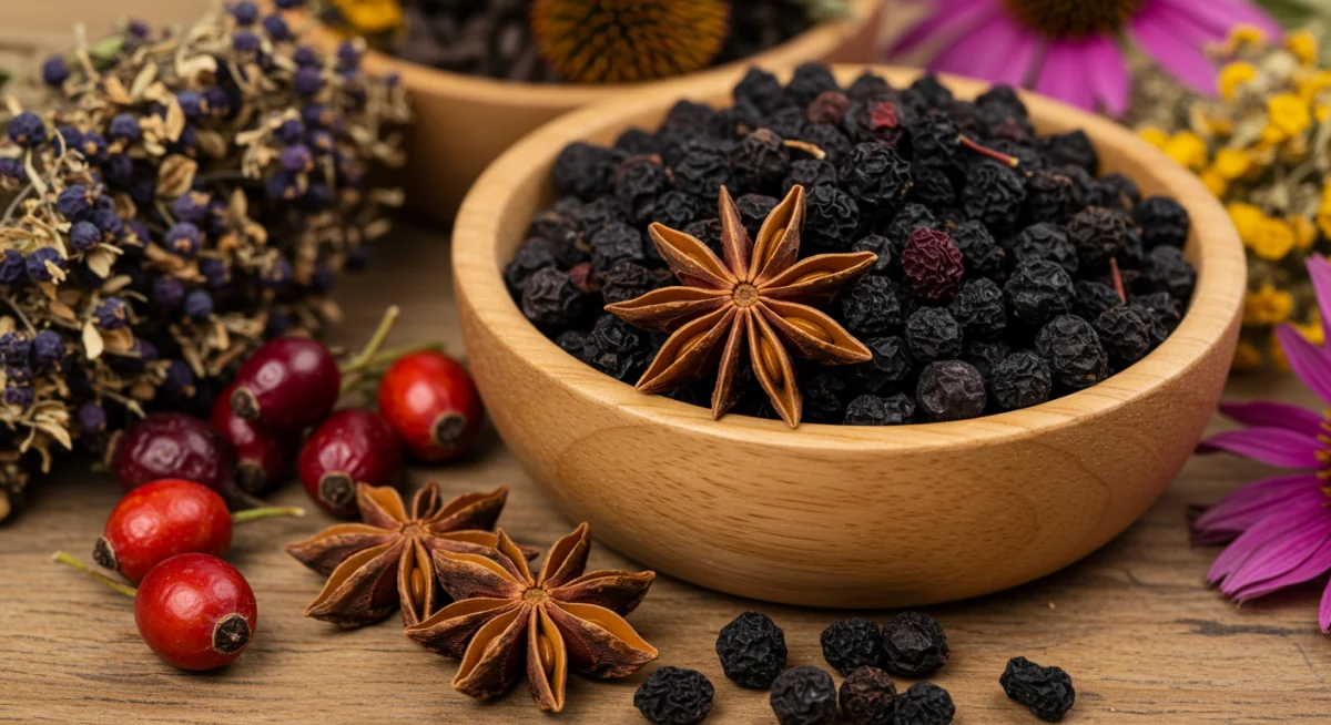 Dried elderberries and star anise for herbal blends