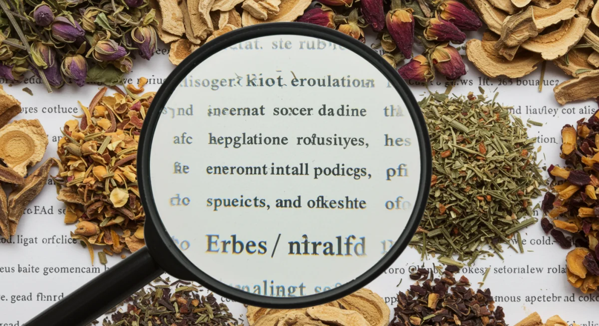Magnifying glass over EPA regulations and herbal ingredients.