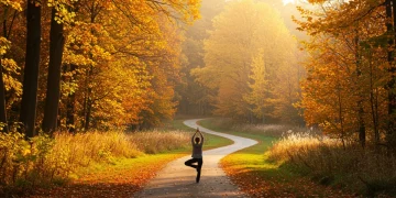 Autumn forest path with person meditating, symbolizing fall detox and renewal.
