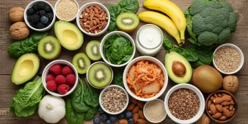 Assortment of gut-friendly foods including berries, fermented vegetables, nuts, and greens