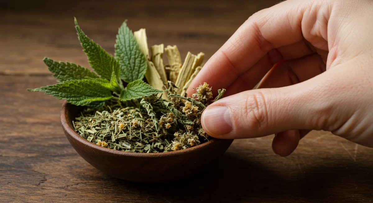 Collection of dried herbal remedies for allergy relief, including nettle and butterbur.