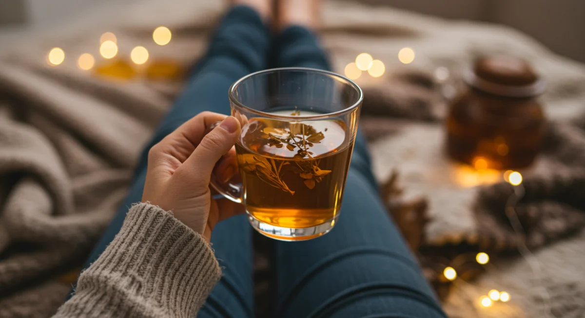 Person sipping herbal tea, promoting hydration and relaxation during detox.