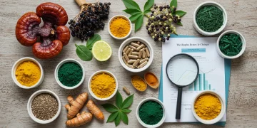 Assortment of holistic superfoods for immune support, with scientific papers and a magnifying glass