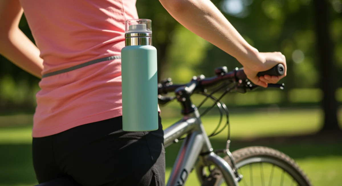 Person exercising outdoors with an insulated water bottle, emphasizing hydration during summer physical activity.