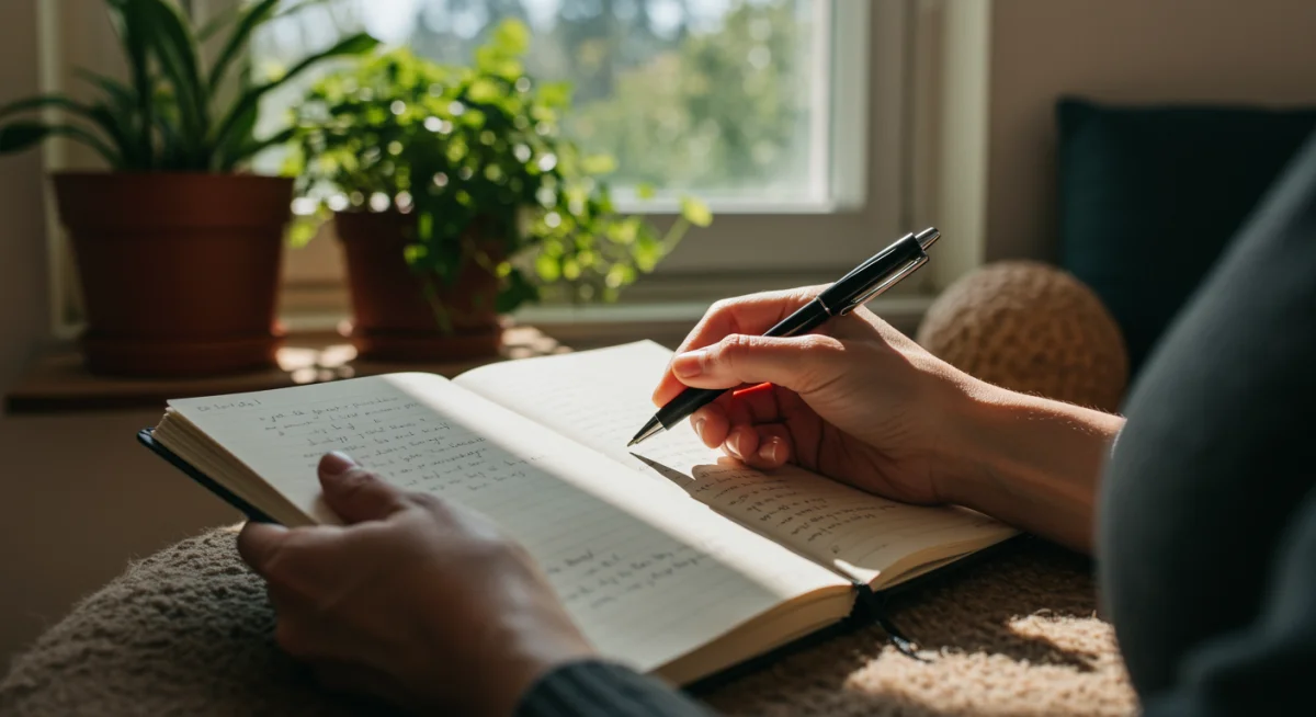 Person writing in a journal for self-assessment and spiritual growth.