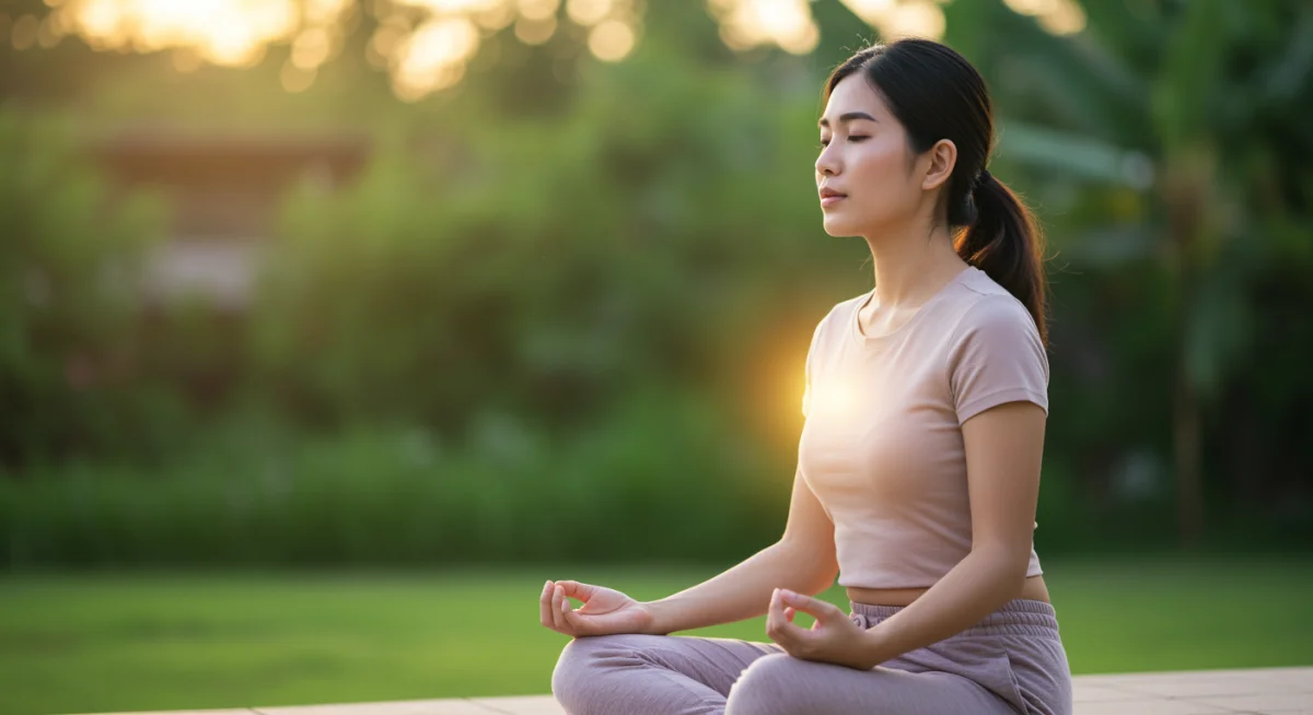 Individual engaged in mindful breathing exercise, promoting relaxation and focus.