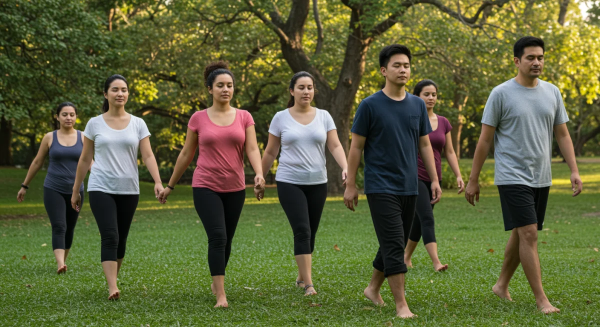 Diverse group practicing mindful walking in a park for spiritual connection