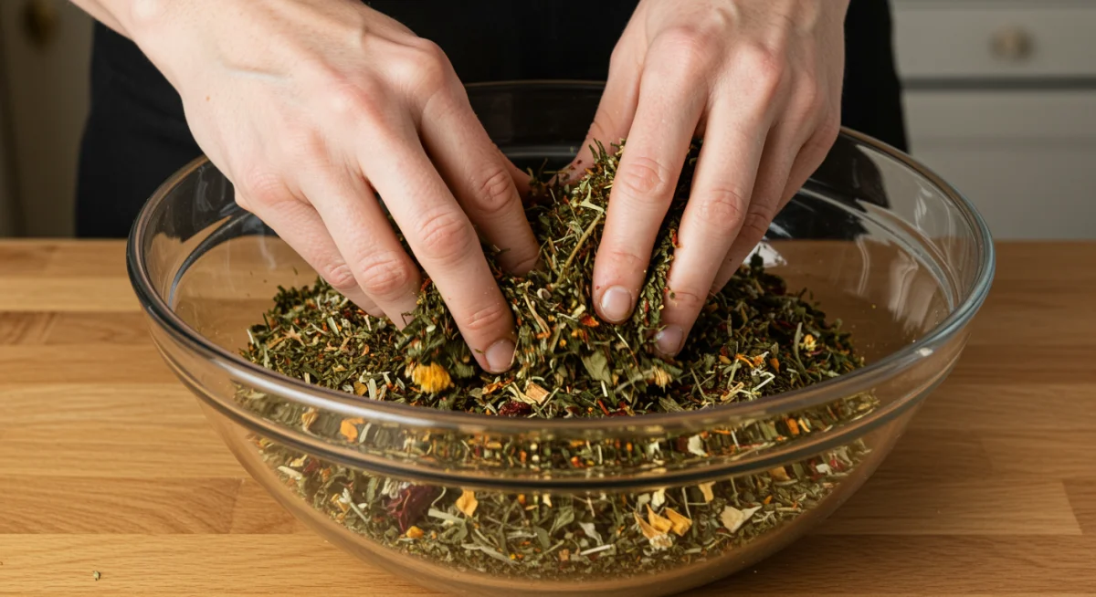 Hands blending diverse dried herbs for immune support