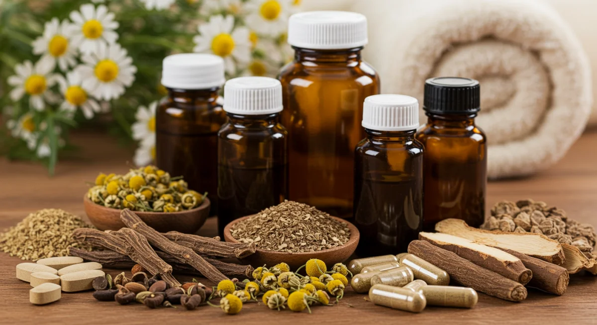 Collection of natural herbs and supplements for sleep.