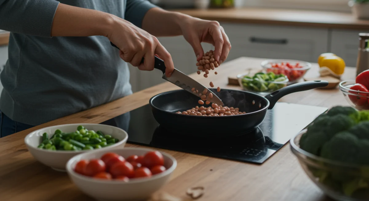 Person preparing a healthy plant-based meal in a modern kitchen