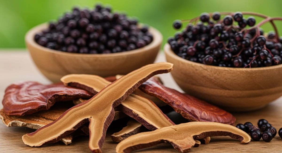 Dried reishi mushrooms and elderberries, natural immune boosters