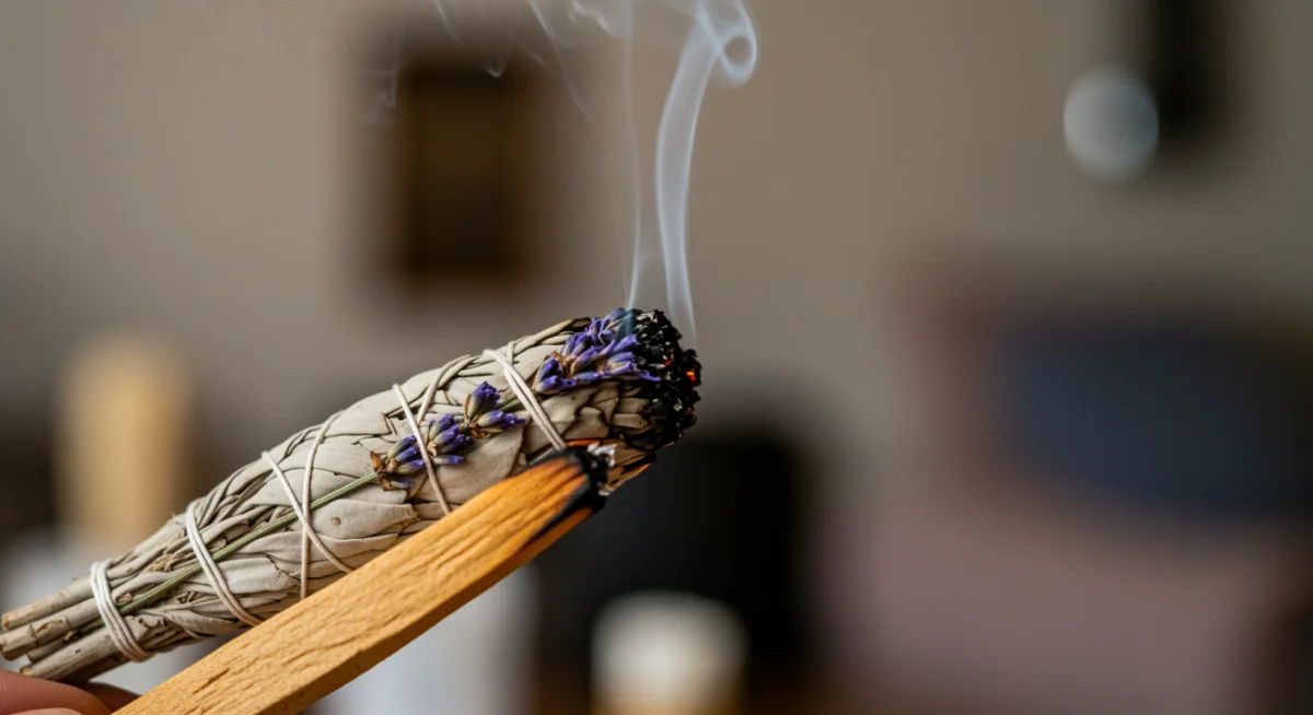 Lit sage smudge stick for energy clearing ritual