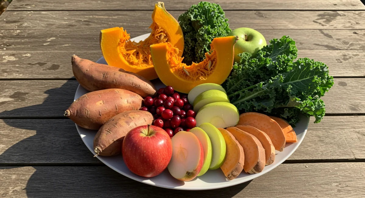 Colorful plate of seasonal fall detox foods like pumpkin and kale.