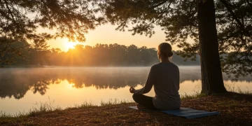 Person meditating at sunrise, representing inner peace and spiritual awakening in the US