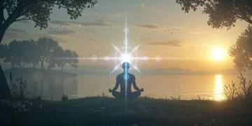 Figure meditating in a serene, ethereal landscape at sunrise, symbolizing spiritual awakening and personal growth.